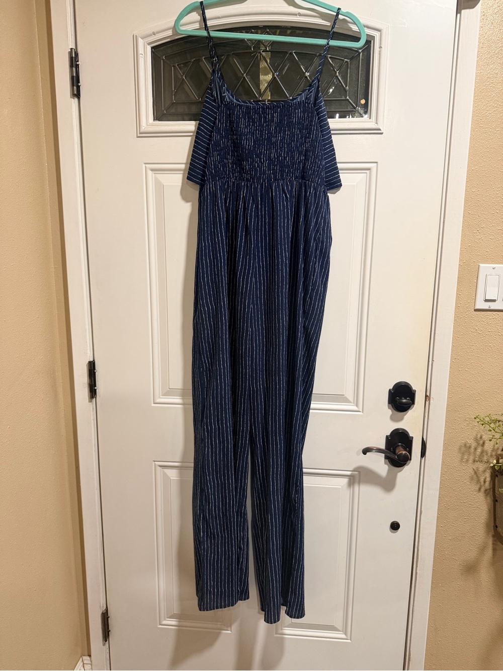 Navy Striped Smocked Jumpsuit with Spaghetti Straps
